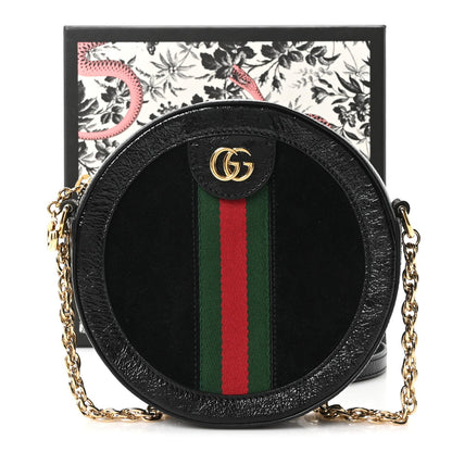 Suede Patent Web Mini Ophidia Round Shoulder Bag Black