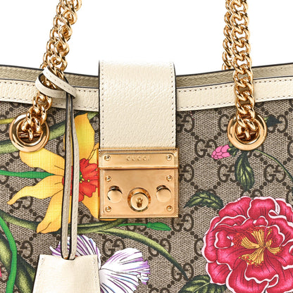 GG Supreme Monogram Flora Textured Calfskin Small Padlock Tote Beige Ebony Multicolor Mystic White