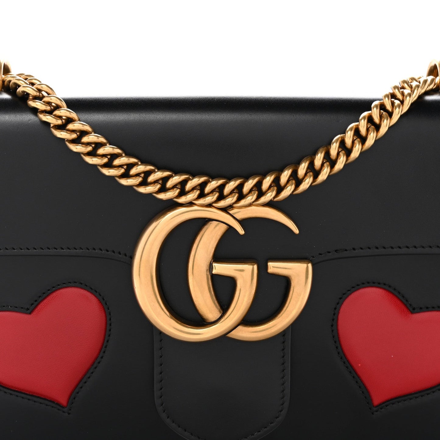 Knight Calfskin Malaga Kid Heart Medium GG Marmont Chain Handle Bag Black Hibiscus Red Multicolor