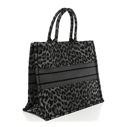 Canvas Mizza Embroidered Large Leopard Book Tote Grey