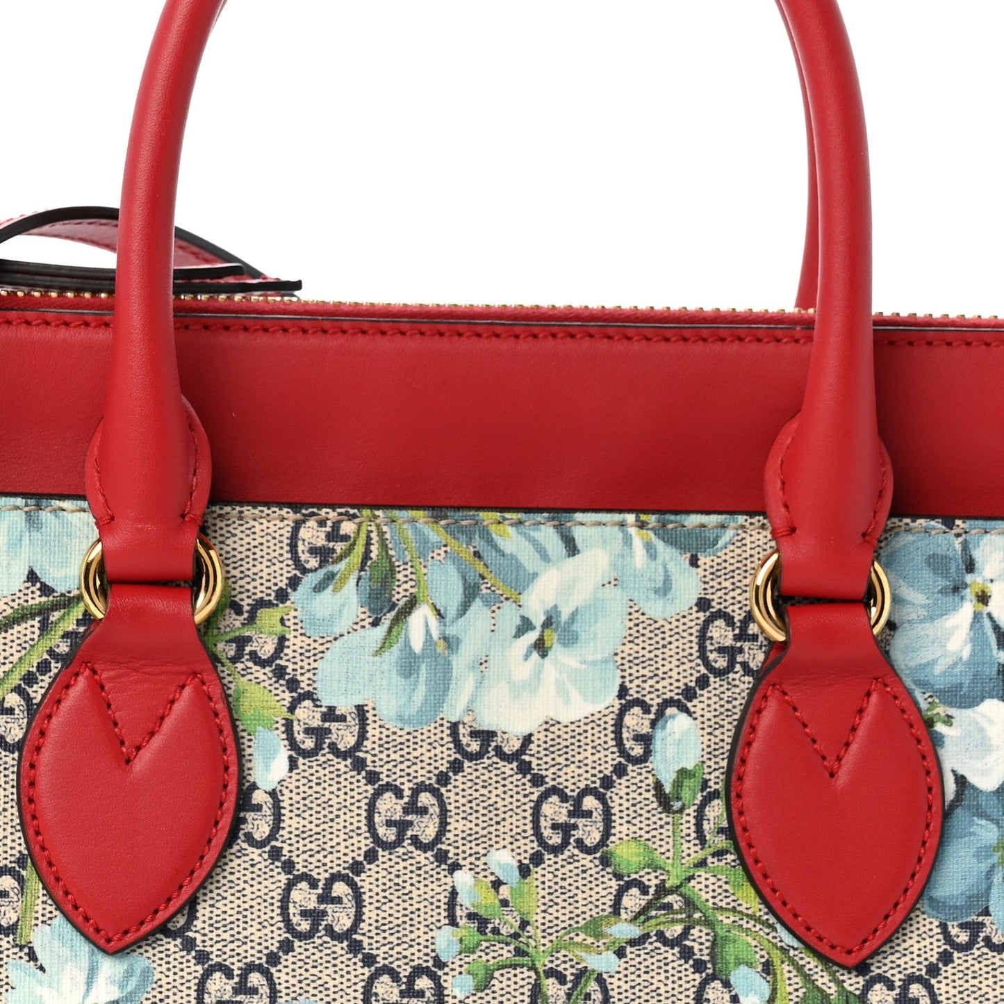 GG Supreme Monogram Blooms Small Zip Top Tote Beige Blue Navy Hibiscus Red