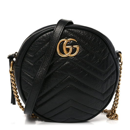 Azalea Calfskin Matelasse Heart Mini GG Marmont Round Shoulder Bag Black