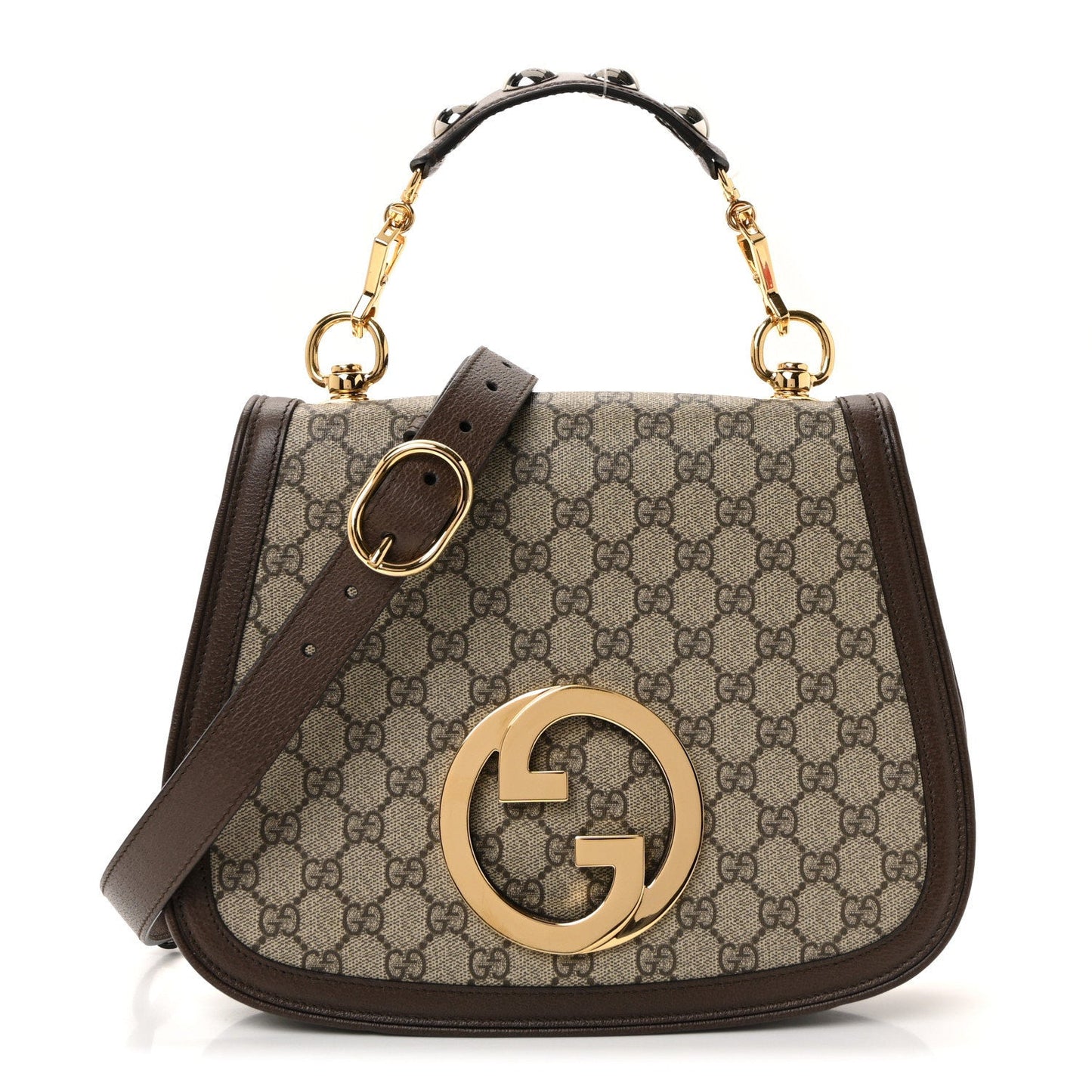 GG Supreme Monogram Textured Dollar Calfskin Web Medium Blondie Top Handle Shoulder Flap Bag Beige Ebony New Acero