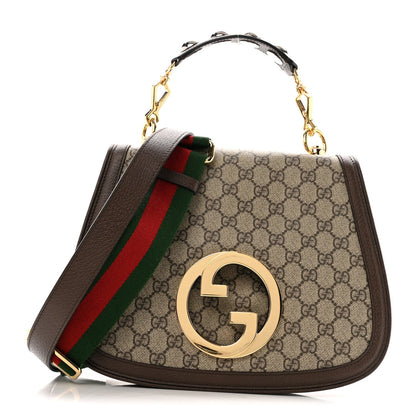 GG Supreme Monogram Textured Dollar Calfskin Web Medium Blondie Top Handle Shoulder Flap Bag Beige Ebony New Acero
