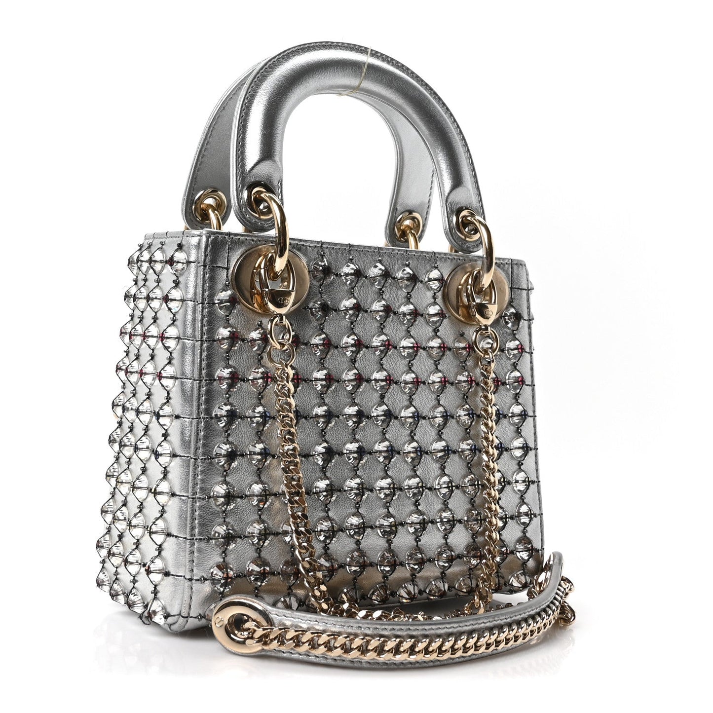 Metallic Calfskin Satin Celestial Bead Embroidery Cannage Mini Lady Dior Silver