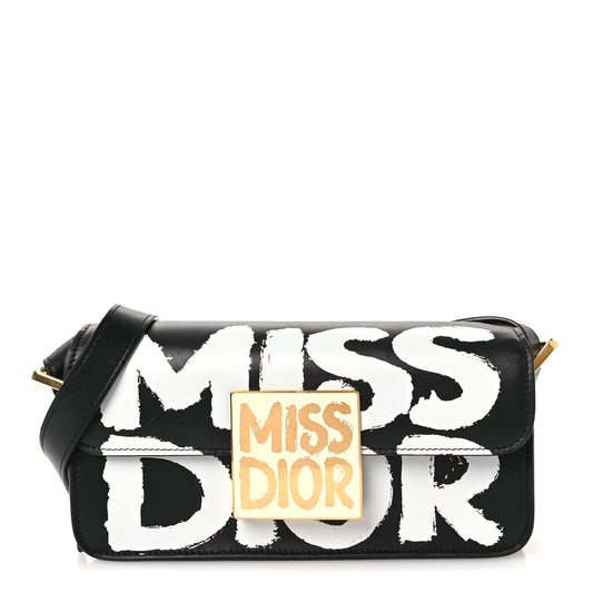 Calfskin Graffiti Printed Miss Dior Flap Black White