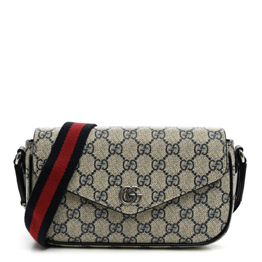 GG Supreme Monogram Textured Dollar Calfskin Web Mini Ophidia Envelope Shoulder Bag Beige Blue