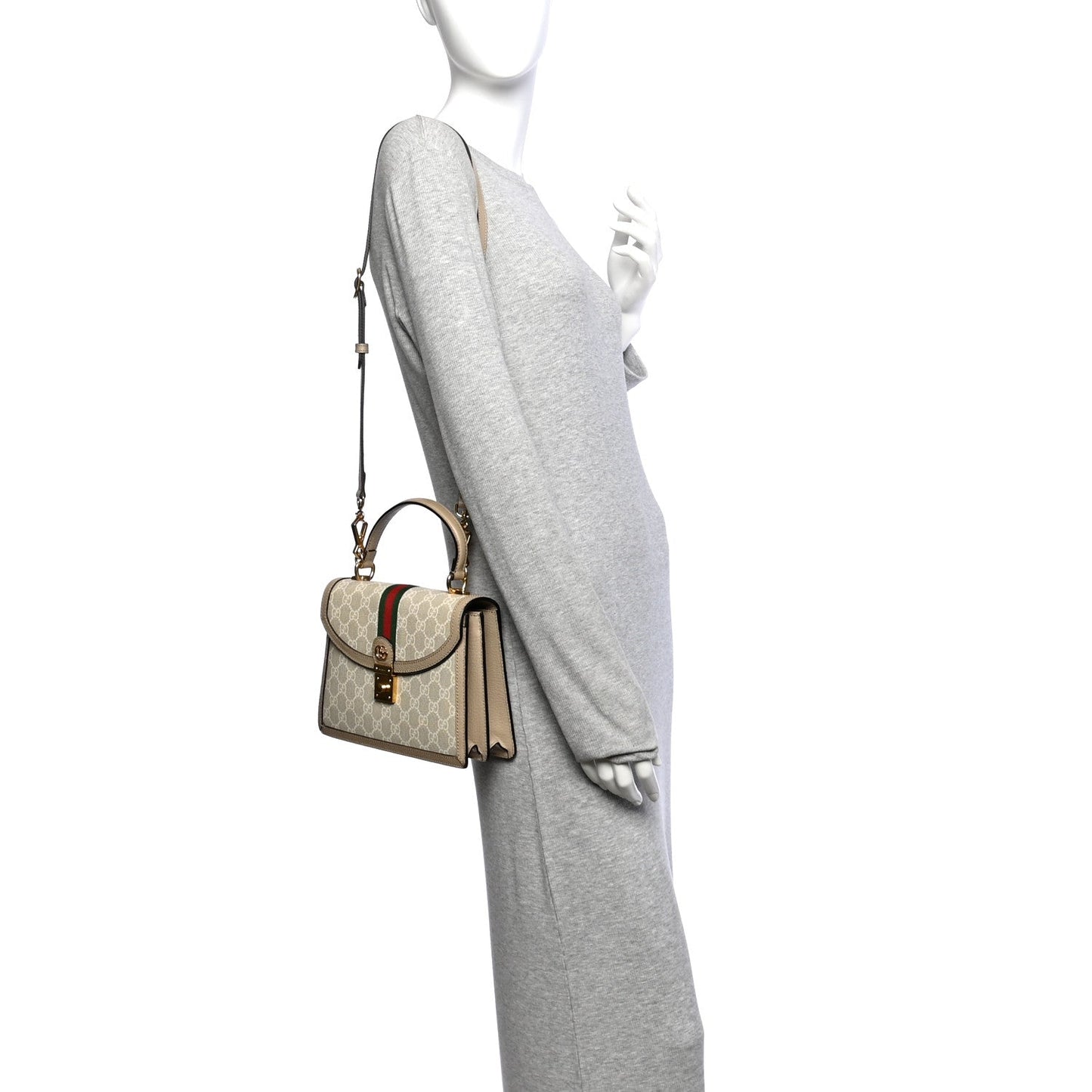 GG Supreme Monogram Textured Dollar Calfskin Web Small Ophidia Padlock Top Handle Bag Beige Mystic White Oatmeal