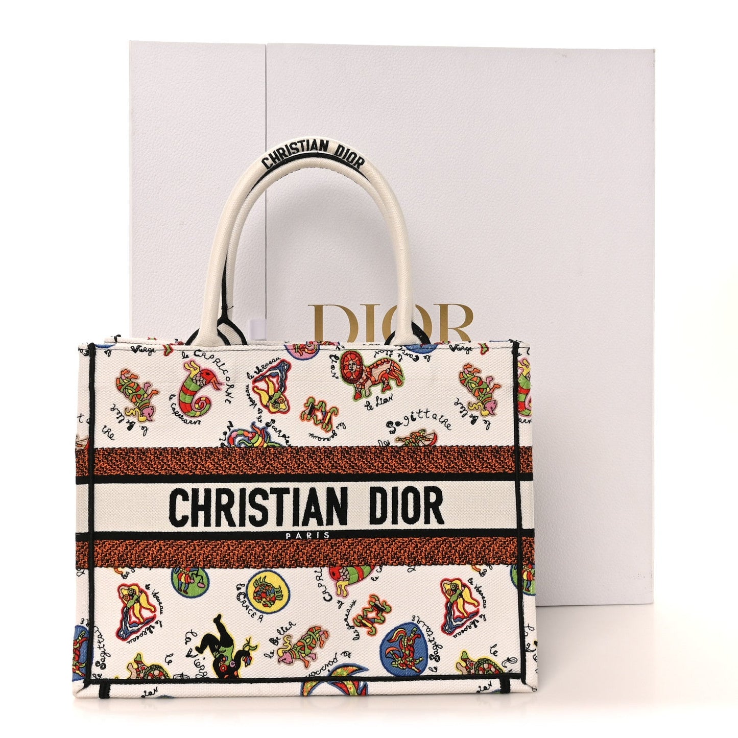 Canvas Embroidered Dragon Zodiac Medium Book Tote White Multicolor