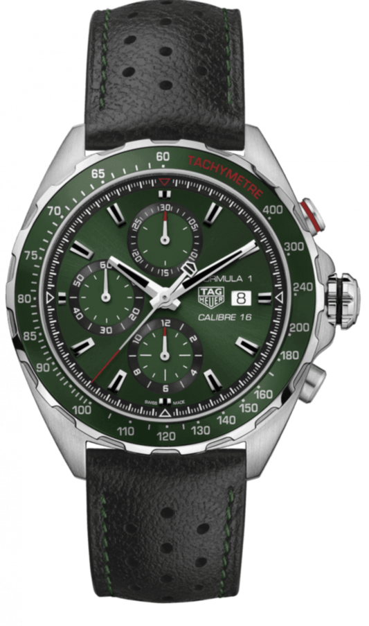 Tag Heuer Formula 1 Calibre 16 Automatic Chronograph Green Dial Black Leather Strap Watch for Men - CAZ2016.FC6473