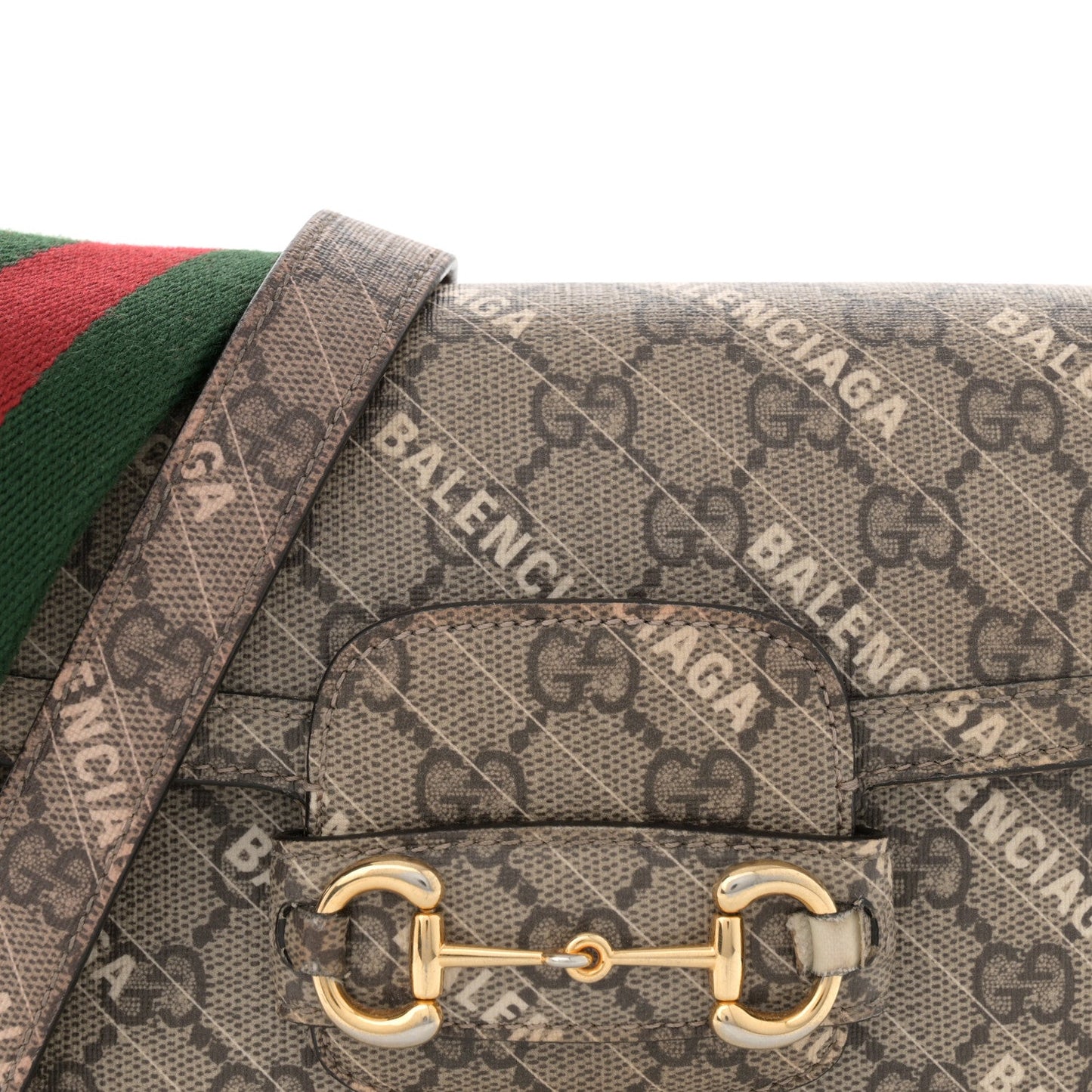 X BALENCIAGA GG Supreme Monogram Web Logo Print Mini Horsebit 1955 Shoulder Bag Beige Ebony