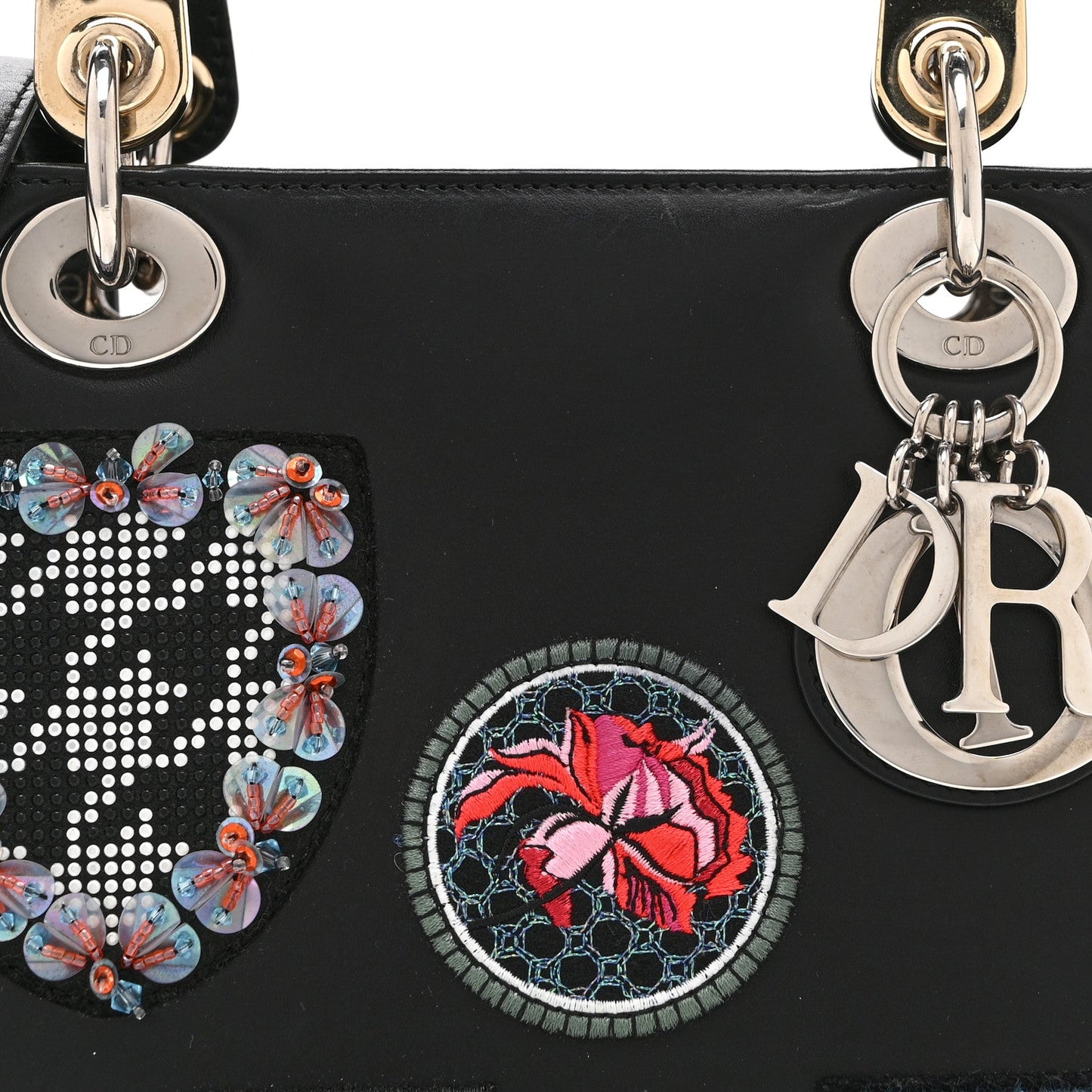 Smooth Calfskin Embroidered Beaded Floral Medium Lady Dior Black