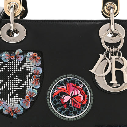 Smooth Calfskin Embroidered Beaded Floral Medium Lady Dior Black