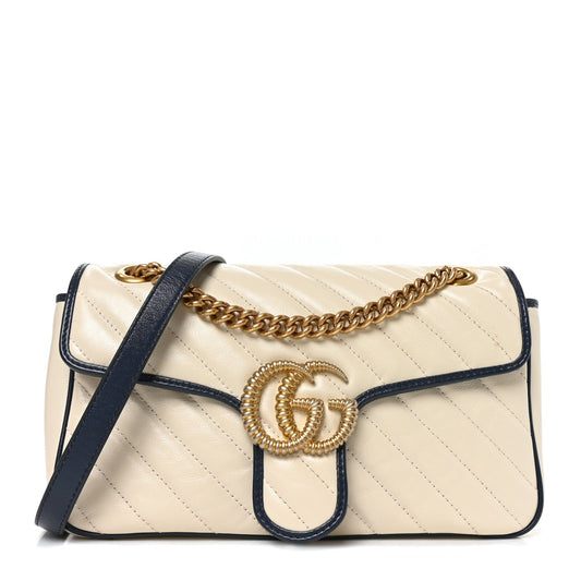 Vintage Effect Calfskin Matelasse Diagonal Small Torchon GG Marmont Shoulder Bag Mystic White Blue Agata