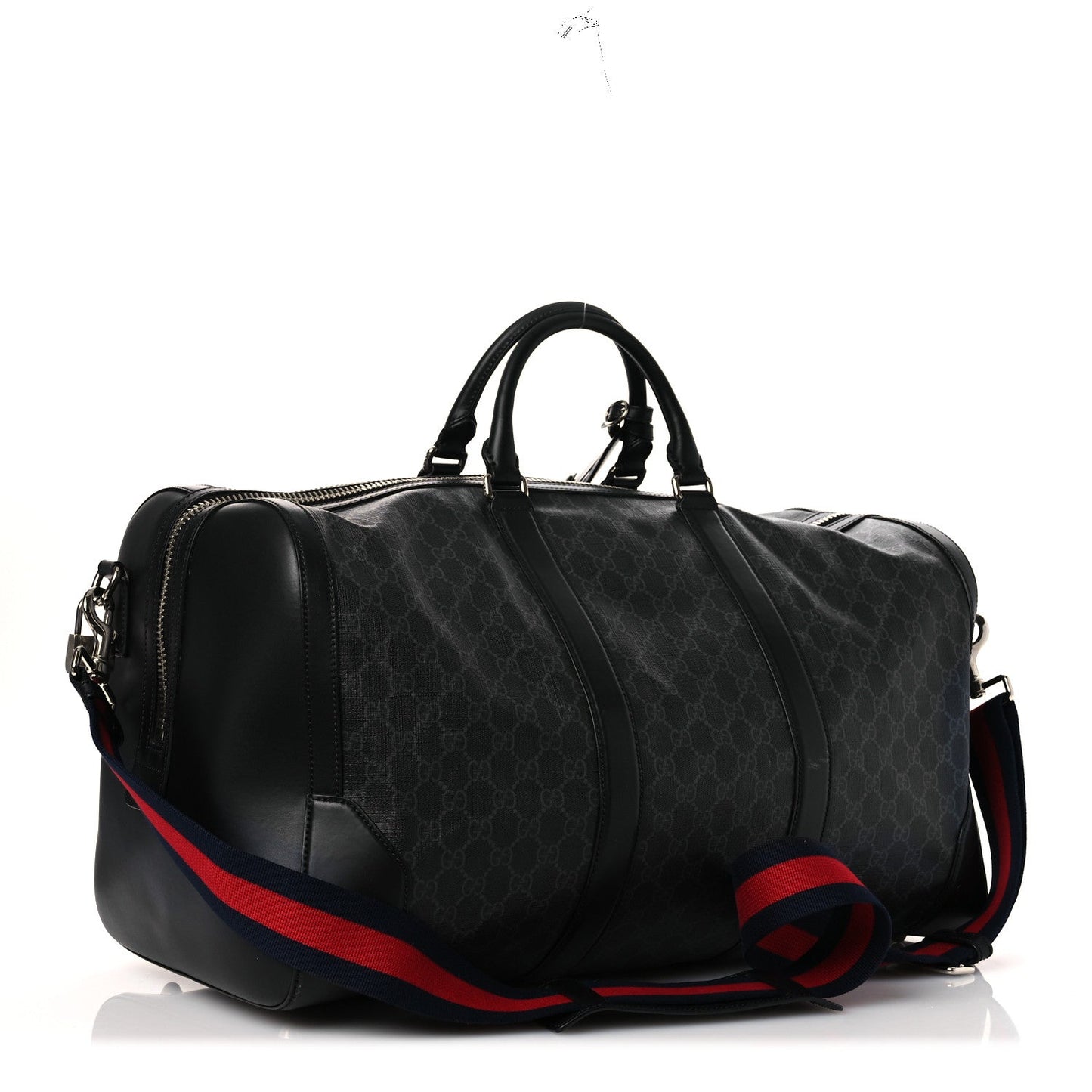 Soft GG Supreme Monogram Appia Calfskin Web Large Carry On Duffle Bag Black Grey
