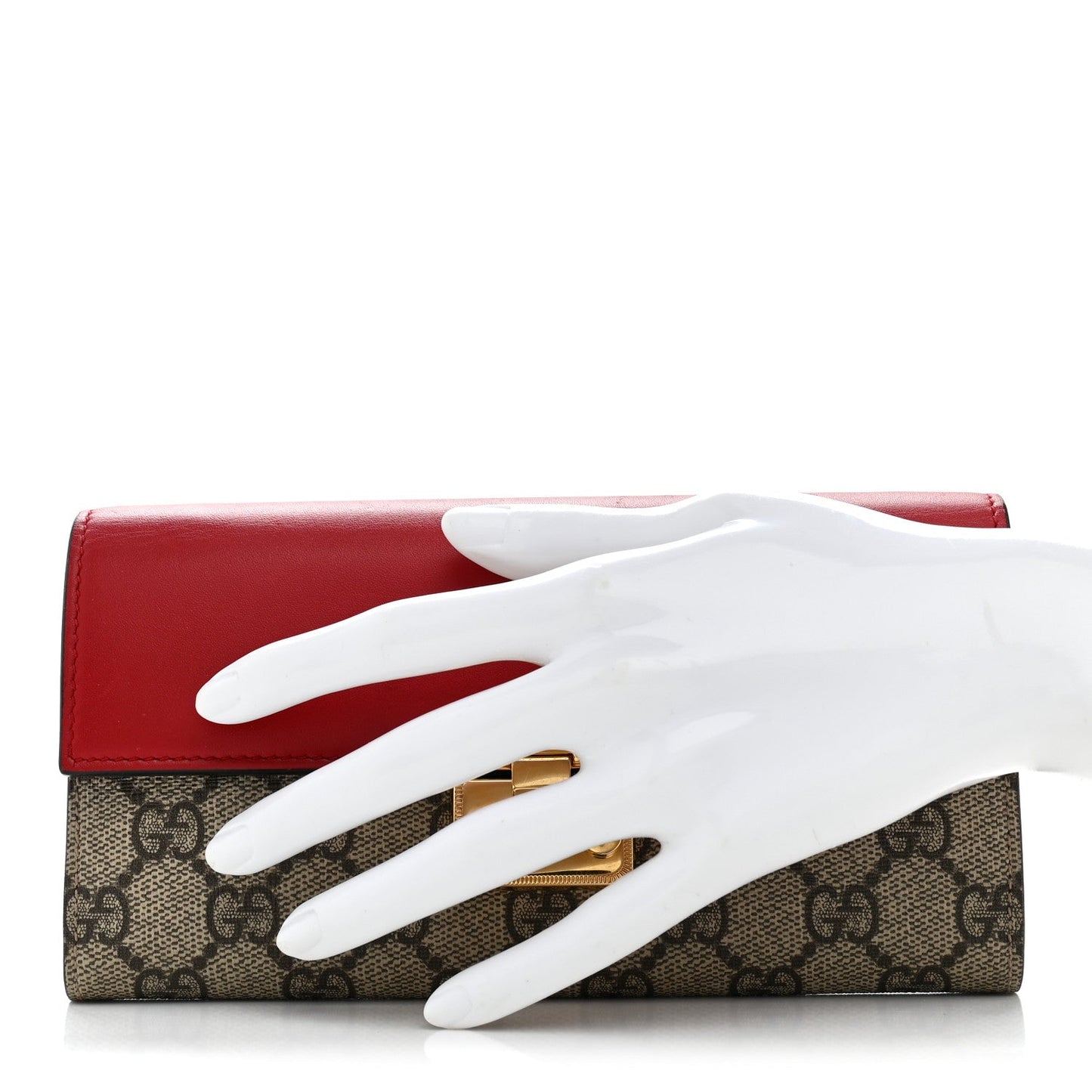 GG Supreme Monogram Moon Calfskin Padlock Continental Chain Wallet Beige Ebony Hibiscus Red New Rosette