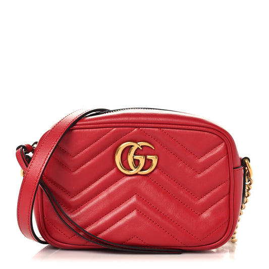 Calfskin Matelasse Mini GG Marmont Chain Shoulder Bag Hibiscus Red