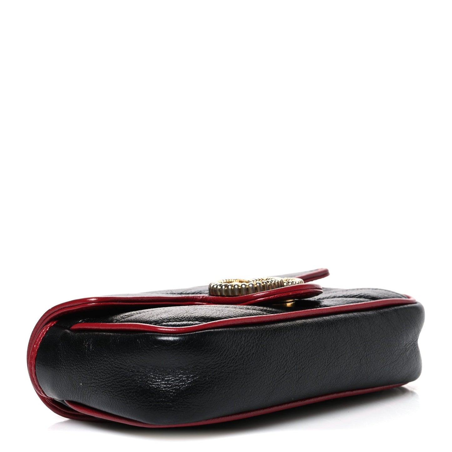 Vintage Effect Calfskin Matelasse Diagonal Super Mini Torchon GG Marmont Shoulder Bag Black Romantic Cherry