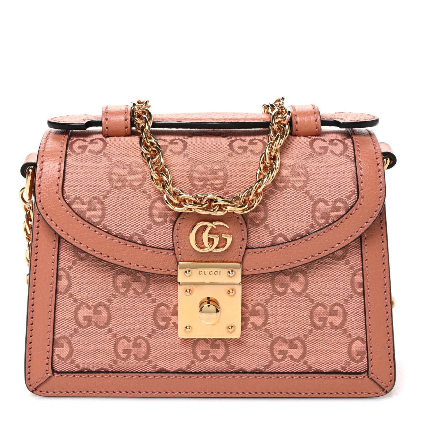 GG Monogram Textured Dollar Calfskin Mini Ophidia Padlock Top Handle Chain Shoulder Bag Cloche Rose Pink
