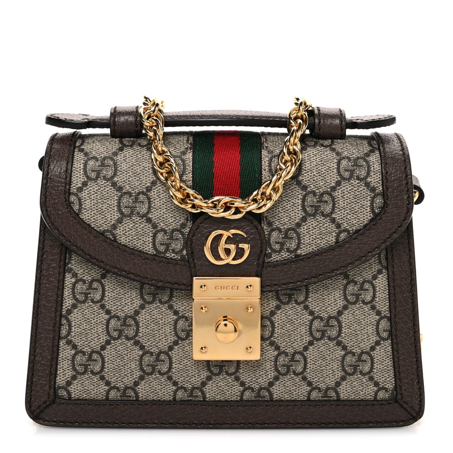 GG Supreme Monogram Textured Dollar Calfskin Web Mini Ophidia Padlock Top Handle Chain Shoulder Bag Beige Ebony New Acero