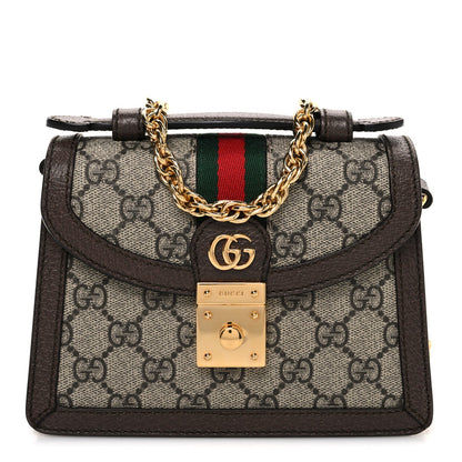 GG Supreme Monogram Textured Dollar Calfskin Web Mini Ophidia Padlock Top Handle Chain Shoulder Bag Beige Ebony New Acero