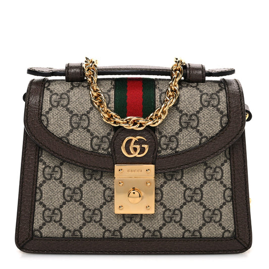 GG Supreme Monogram Textured Dollar Calfskin Web Mini Ophidia Padlock Top Handle Chain Shoulder Bag Beige Ebony New Acero