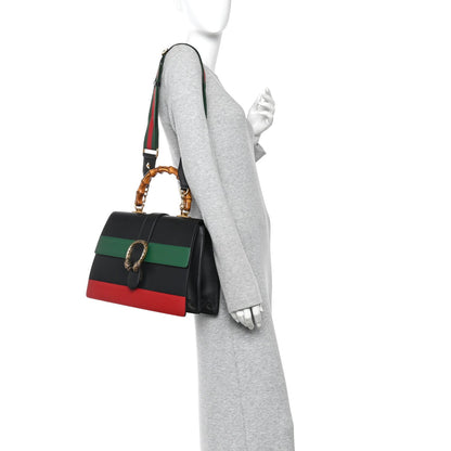 Calfskin Bamboo Web Large Dionysus Top Handle Bag Black Bright Evergreen Hibiscus Red