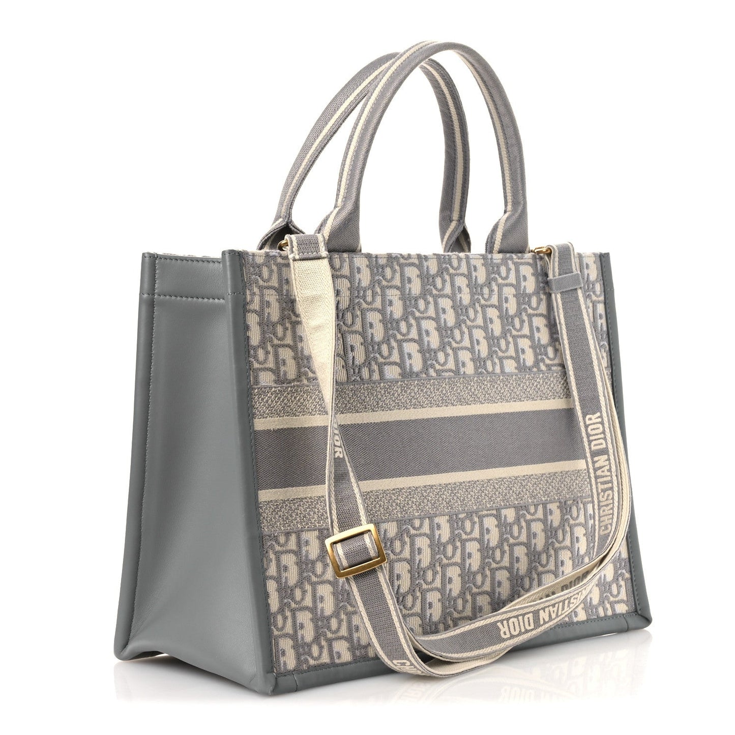 Oblique Chambray Calfskin Medium Book Tote With Strap Grey Latte