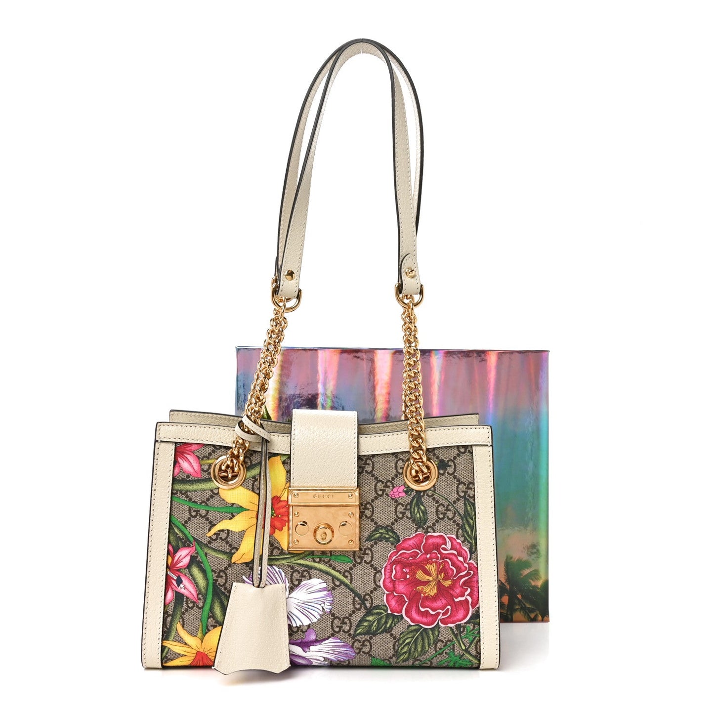 GG Supreme Monogram Flora Textured Calfskin Small Padlock Tote Beige Ebony Multicolor Mystic White