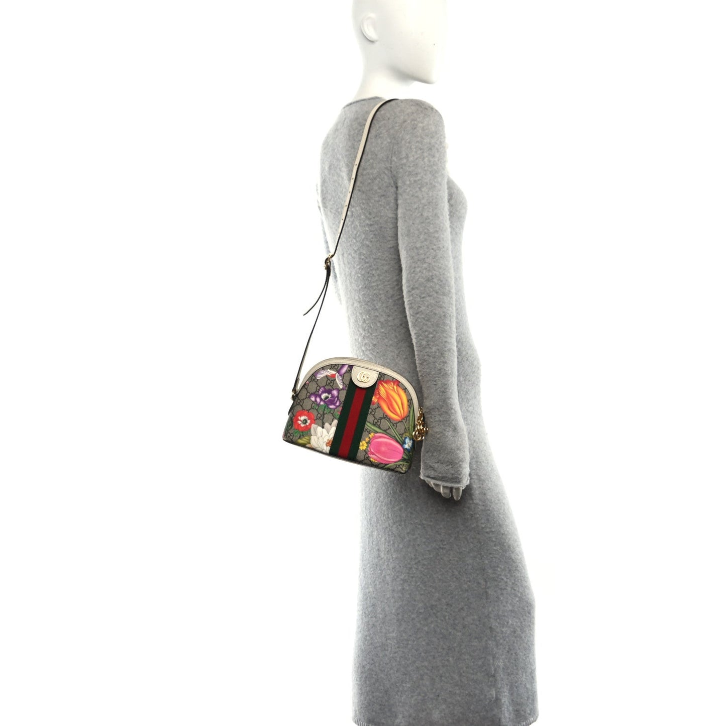 GG Supreme Monogram Flora Web GG Small Ophidia Dome Shoulder Bag White