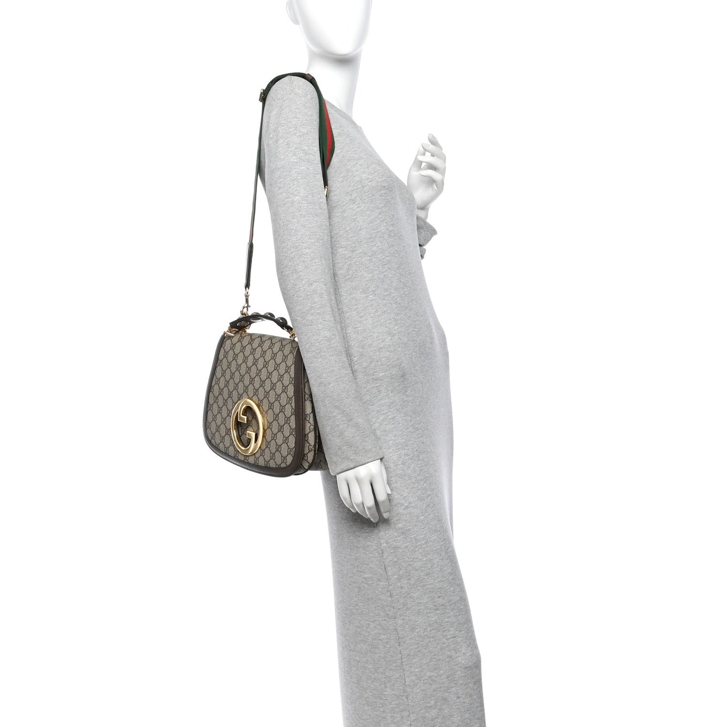 GG Supreme Monogram Textured Dollar Calfskin Web Medium Blondie Top Handle Shoulder Flap Bag Beige Ebony New Acero