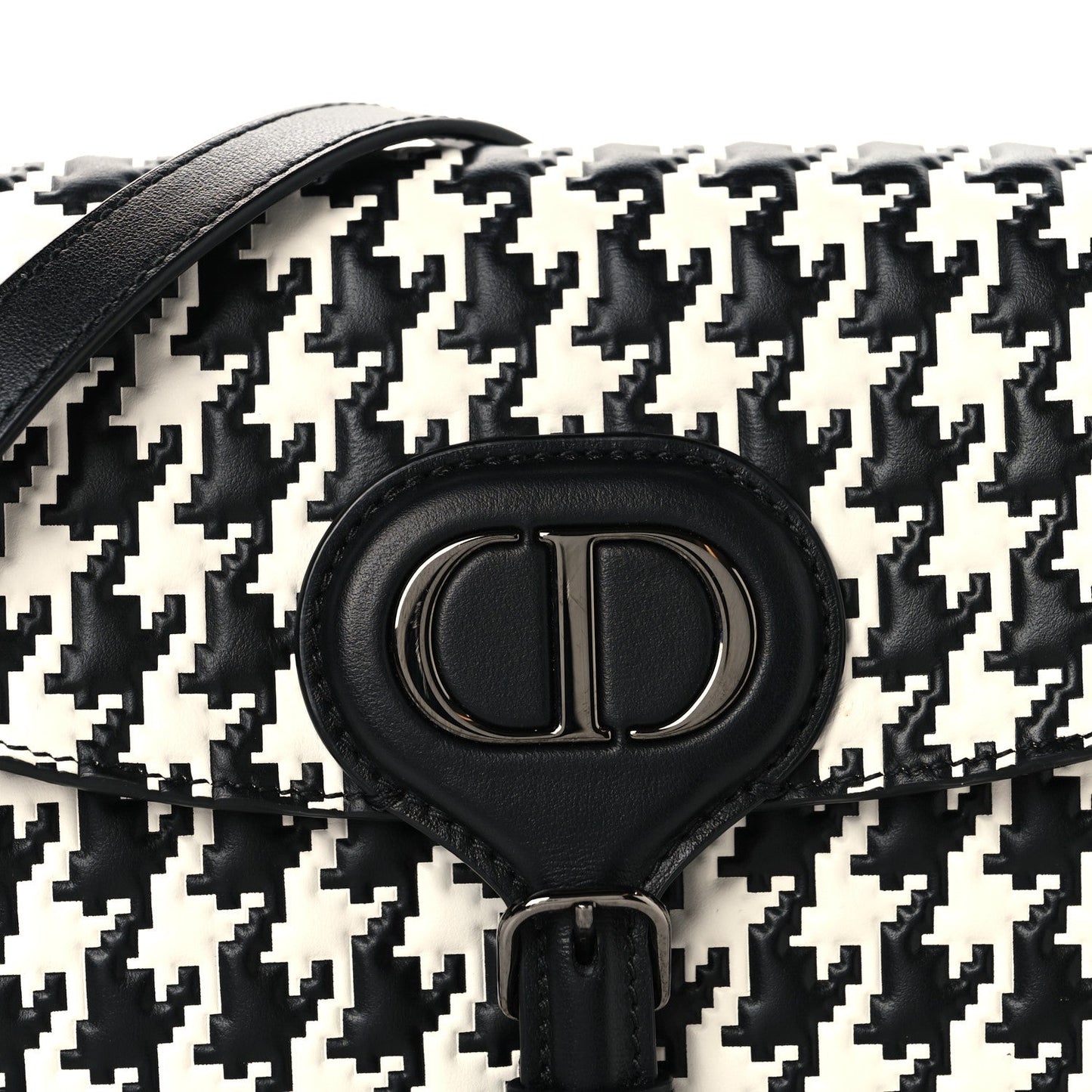 Box Calfskin Houndstooth Quilted East West Bobby Bag Black White