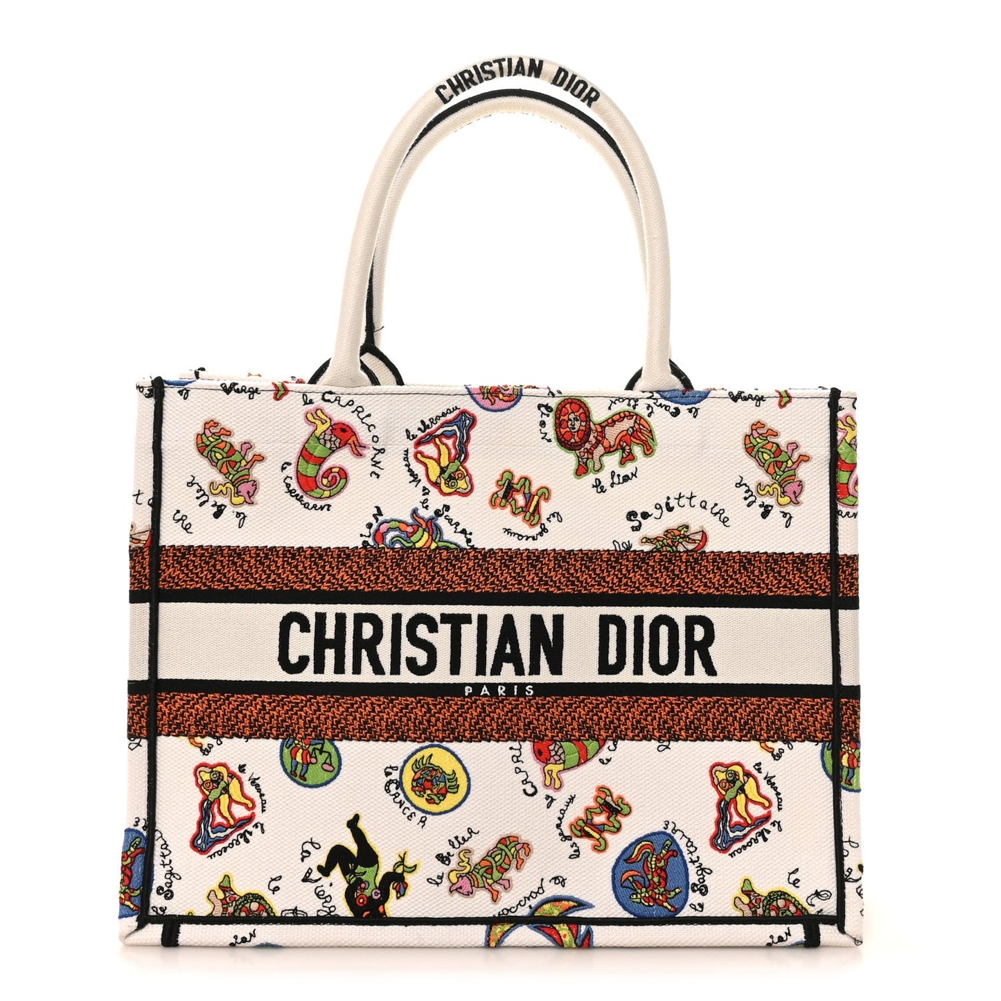 Canvas Embroidered Dragon Zodiac Medium Book Tote White Multicolor