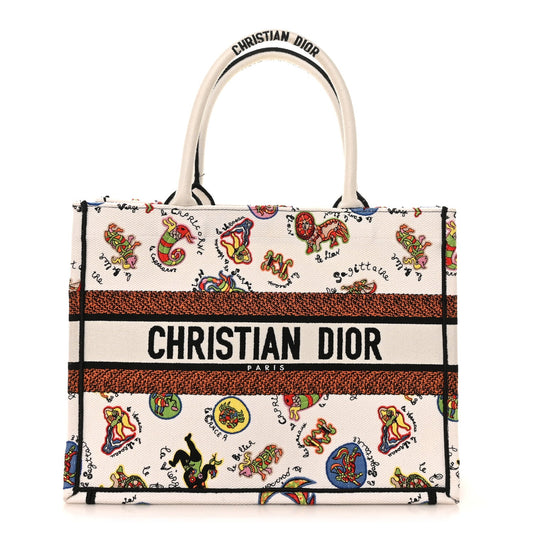 Canvas Embroidered Dragon Zodiac Medium Book Tote White Multicolor