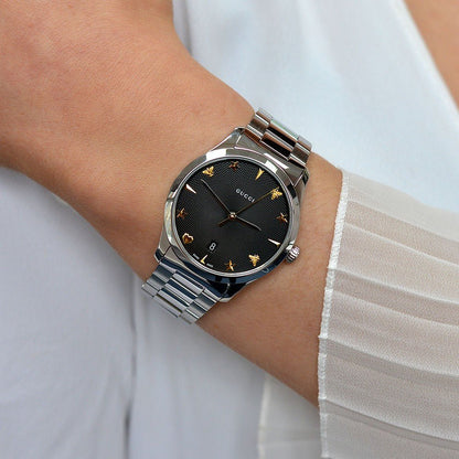 Gucci G Timeless Black Dial Silver Steel Strap Watch For Women - YA1264029A