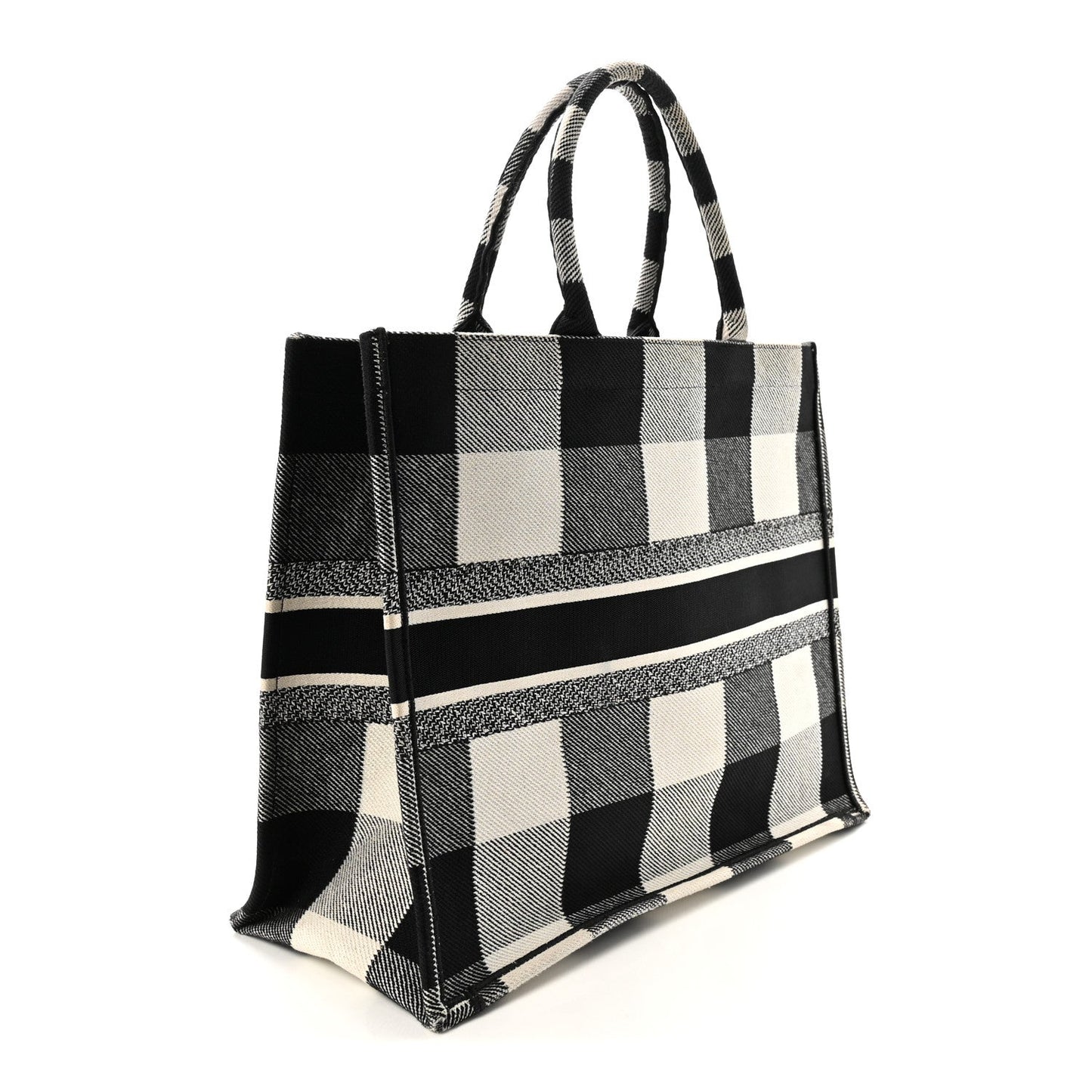 Canvas Embroidered Large Checkered Book Tote Black White