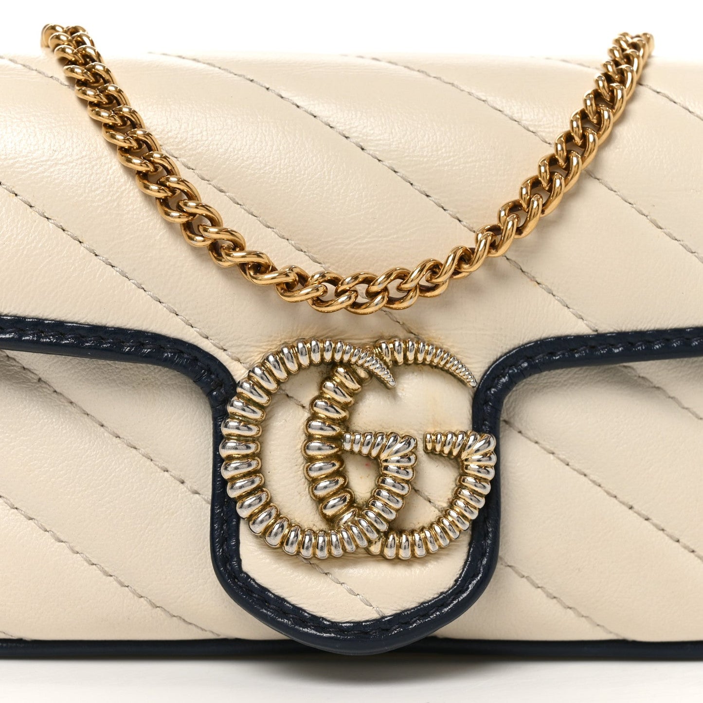 Vintage Effect Calfskin Matelasse Diagonal Super Mini Torchon GG Marmont Shoulder Bag Mystic White Blue Agata