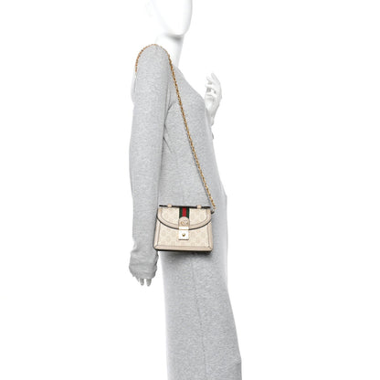 GG Supreme Monogram Textured Dollar Calfskin Web Mini Ophidia Padlock Top Handle Chain Shoulder Bag Beige Mystic White Oatmeal