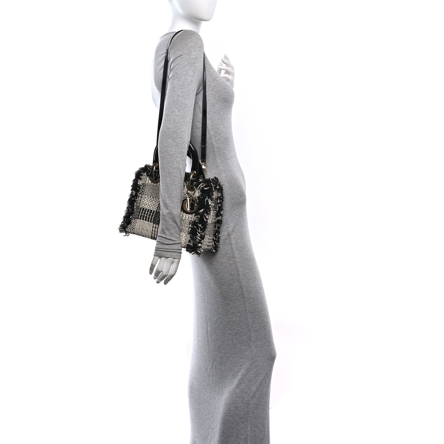 Tweed Fringe Medium Lady Dior White Black