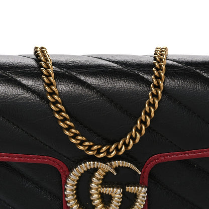 Vintage Effect Calfskin Matelasse Diagonal Super Mini Torchon GG Marmont Shoulder Bag Black Romantic Cherry