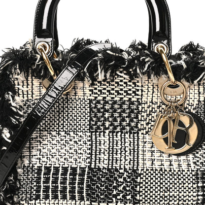 Tweed Fringe Medium Lady Dior White Black