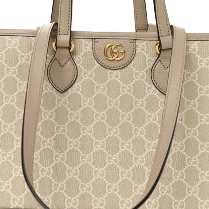 GG Supreme Monogram Textured Dollar Calfskin Small Ophidia Shoulder Tote Bag Beige Mystic White Oatmeal