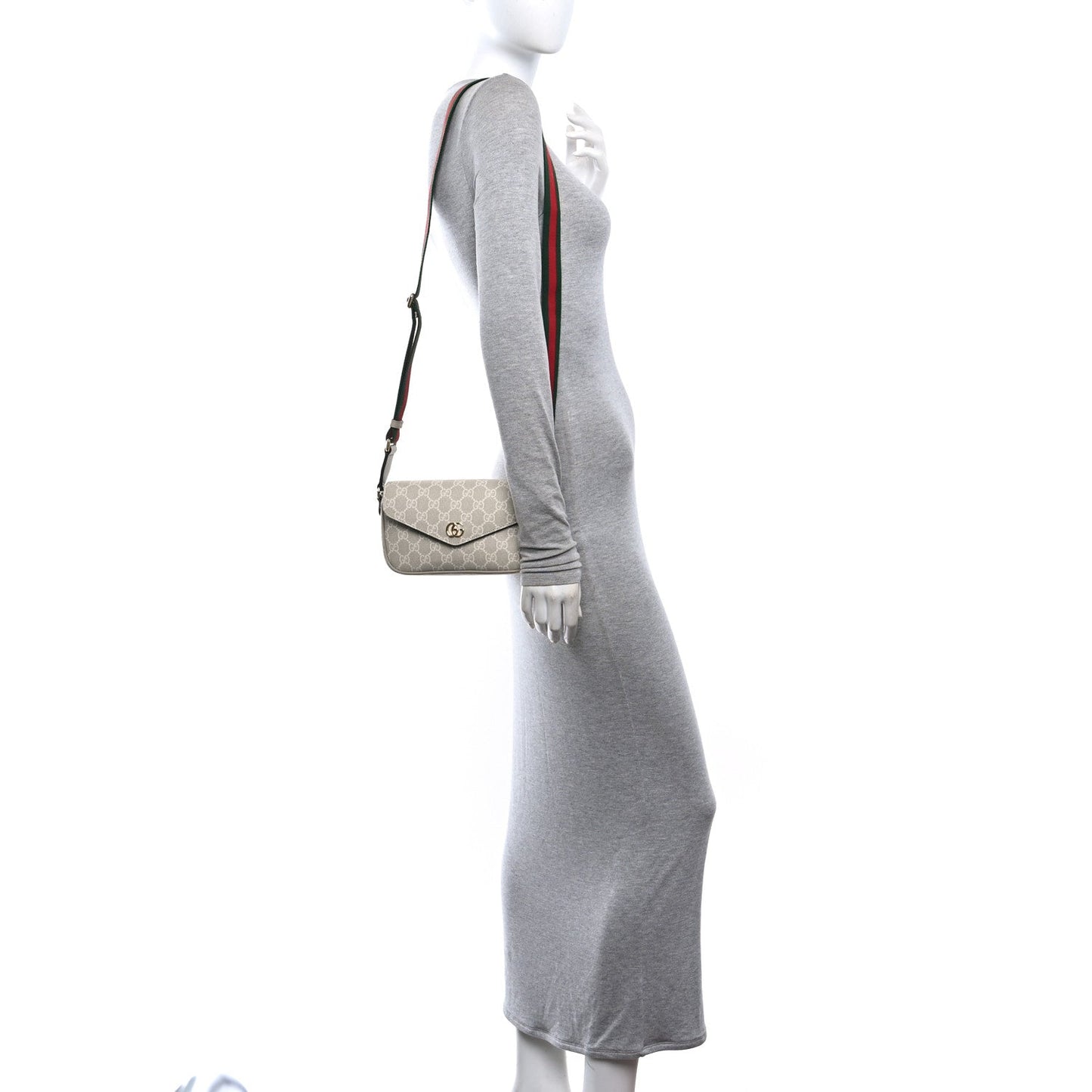 GG Supreme Monogram Textured Dollar Calfskin Web Mini Ophidia Envelope Shoulder Bag Beige Mystic White Oatmeal