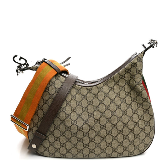 GG Supreme Monogram Textured Calfskin Web Large Attache Shoulder Bag Beige Ebony New Acero
