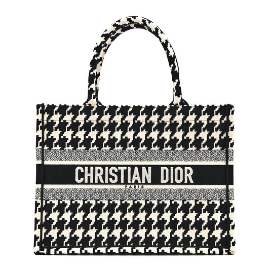 Canvas Houndstooth Embroidered Medium Book Tote Black White