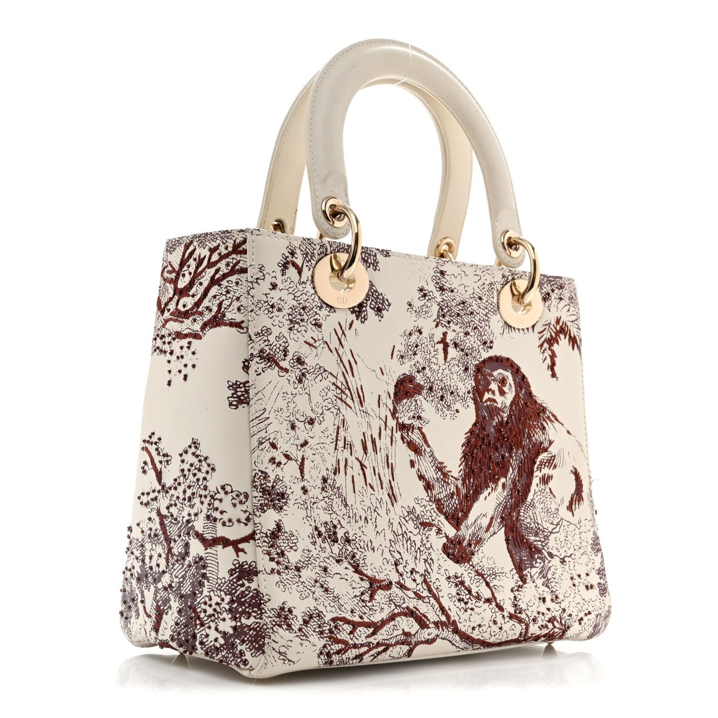 Calfskin Embroidered Medium Toile De Jouy Lady Dior White Red