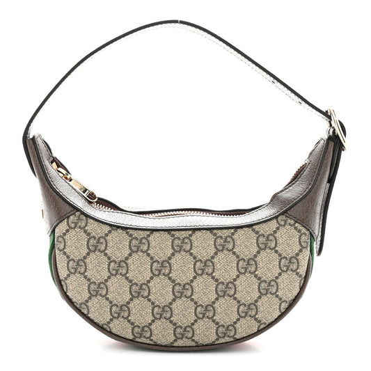 GG Supreme Monogram Textured Calfskin Web Mini Ophidia Half Moon Hobo Beige Ebony New Acero Beige Ebony New Acero
