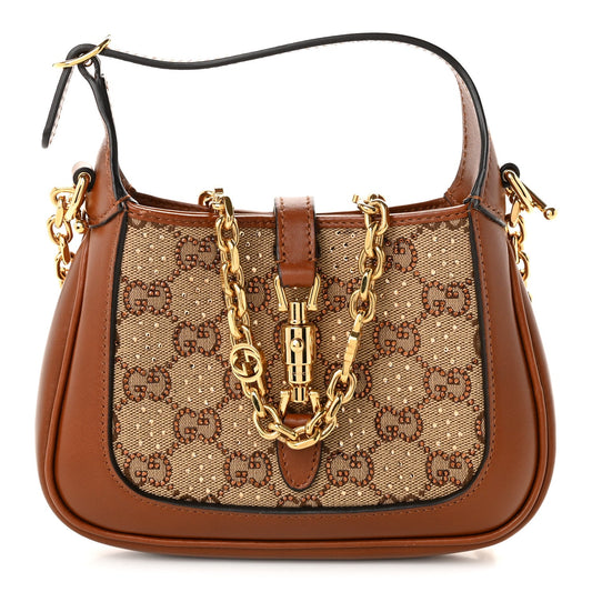 New Canvas Charisma Calfskin Crystal GG Monogram Mini Jackie 1961 Hobo Camel Ebony