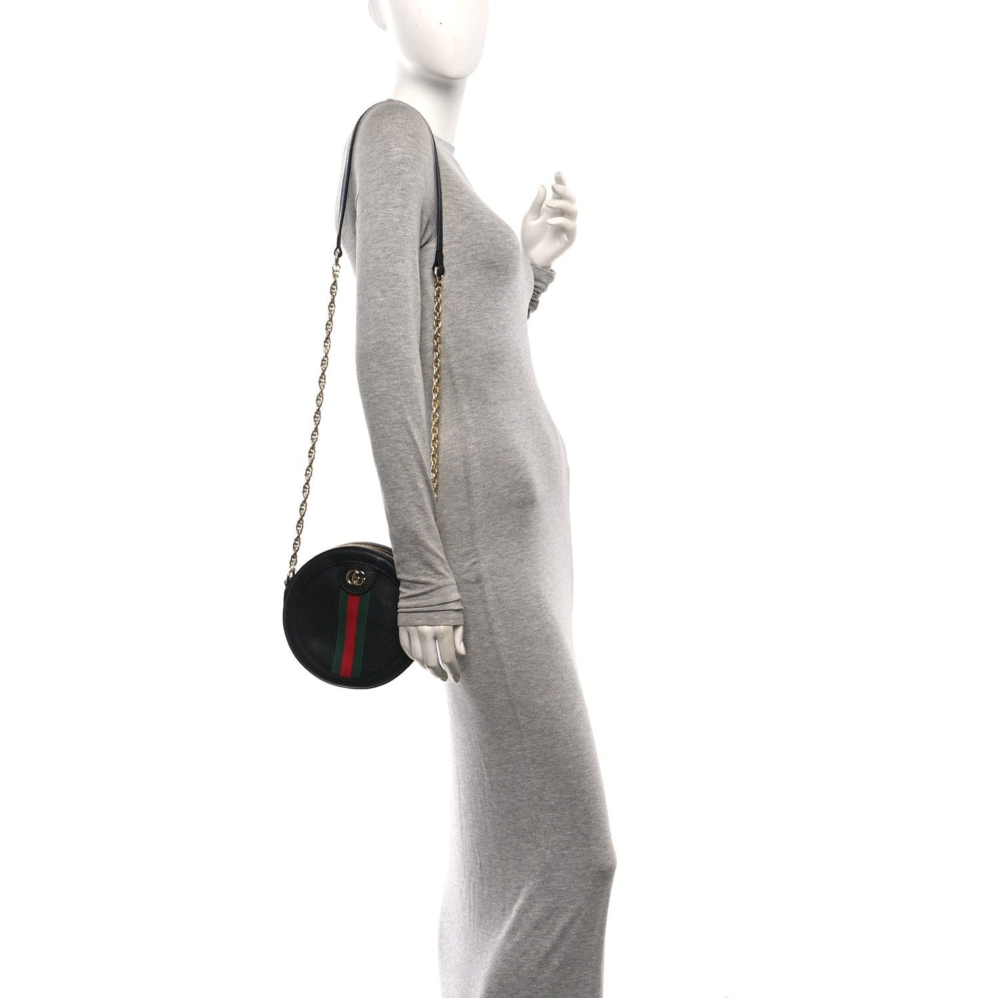 Grained Calfskin Web Mini Ophidia Round Shoulder Bag Black