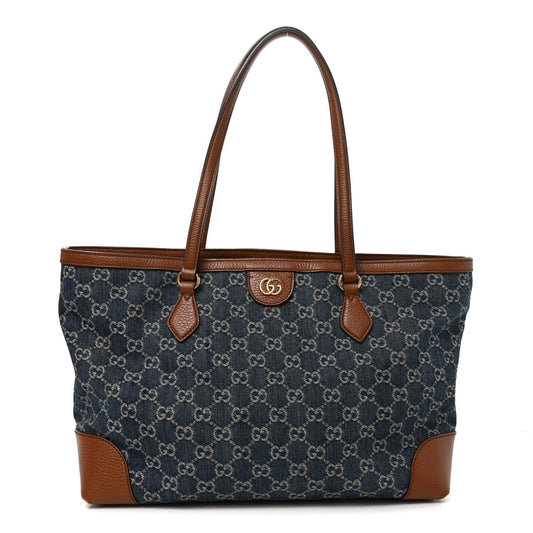 New Denim GG Monogram Medium Ophidia Shopping Tote Blue Tea Cuir